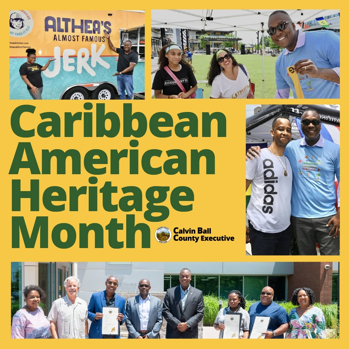 Graphic with four photos of County Executive Calvin Ball interacting with community members and text overlay that reads Caribbean American Heritage Month.