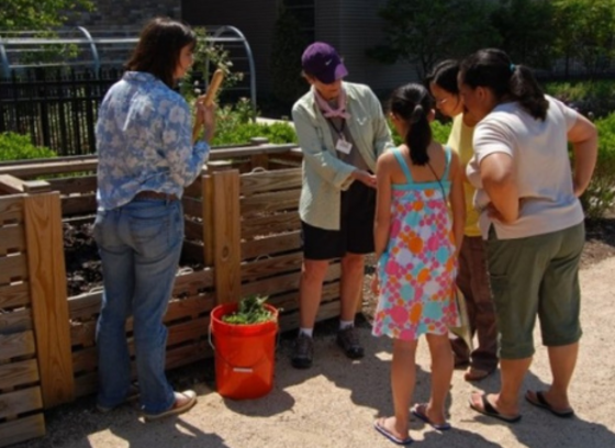 A photo of a group of individuals learning about backyard composting.