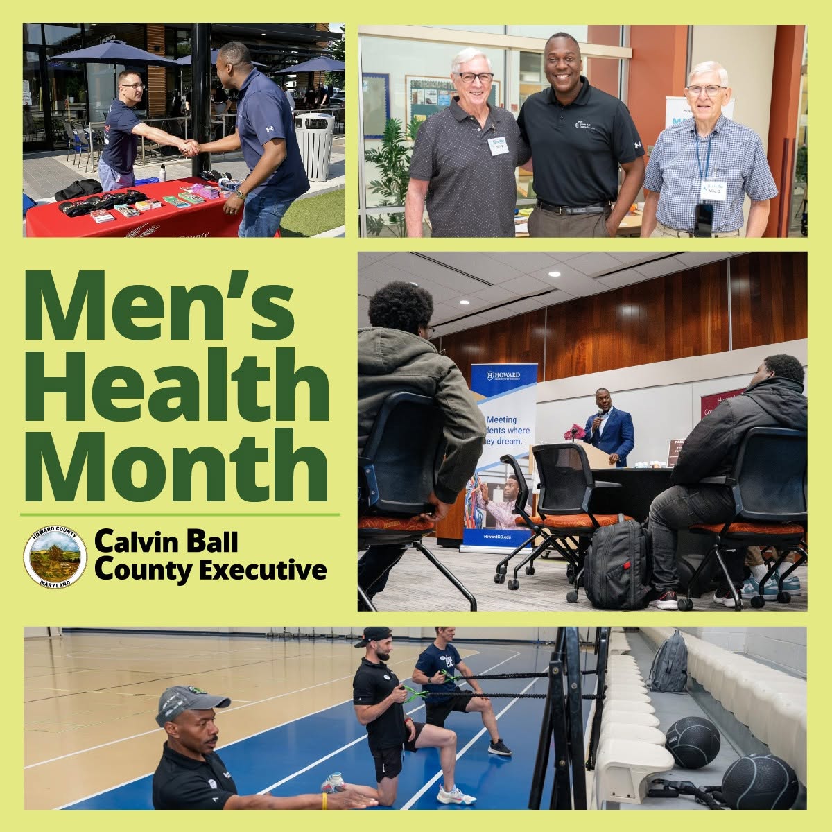 Graphic with four photos of County Executive Calvin Ball interacting with male community members and text overlay that reads Men's Health Month.