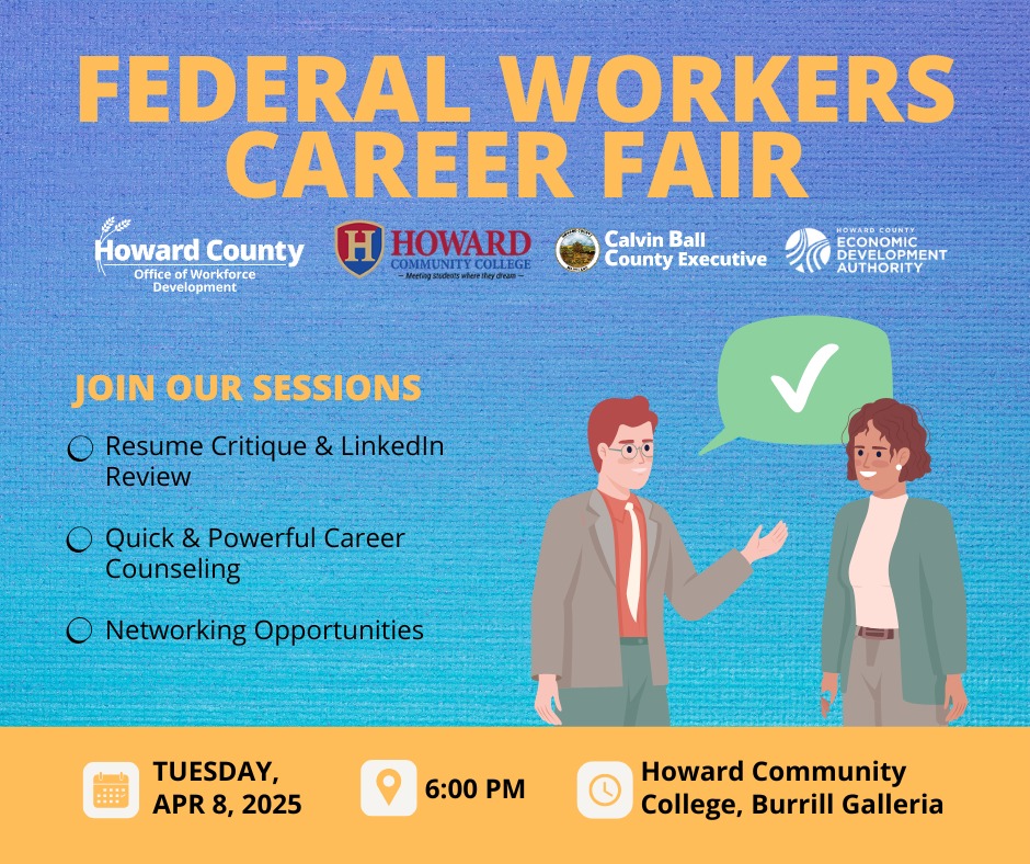 A graphic with information about County Executive Calvin Ball's Federal Works Career Fair event on April 8th.