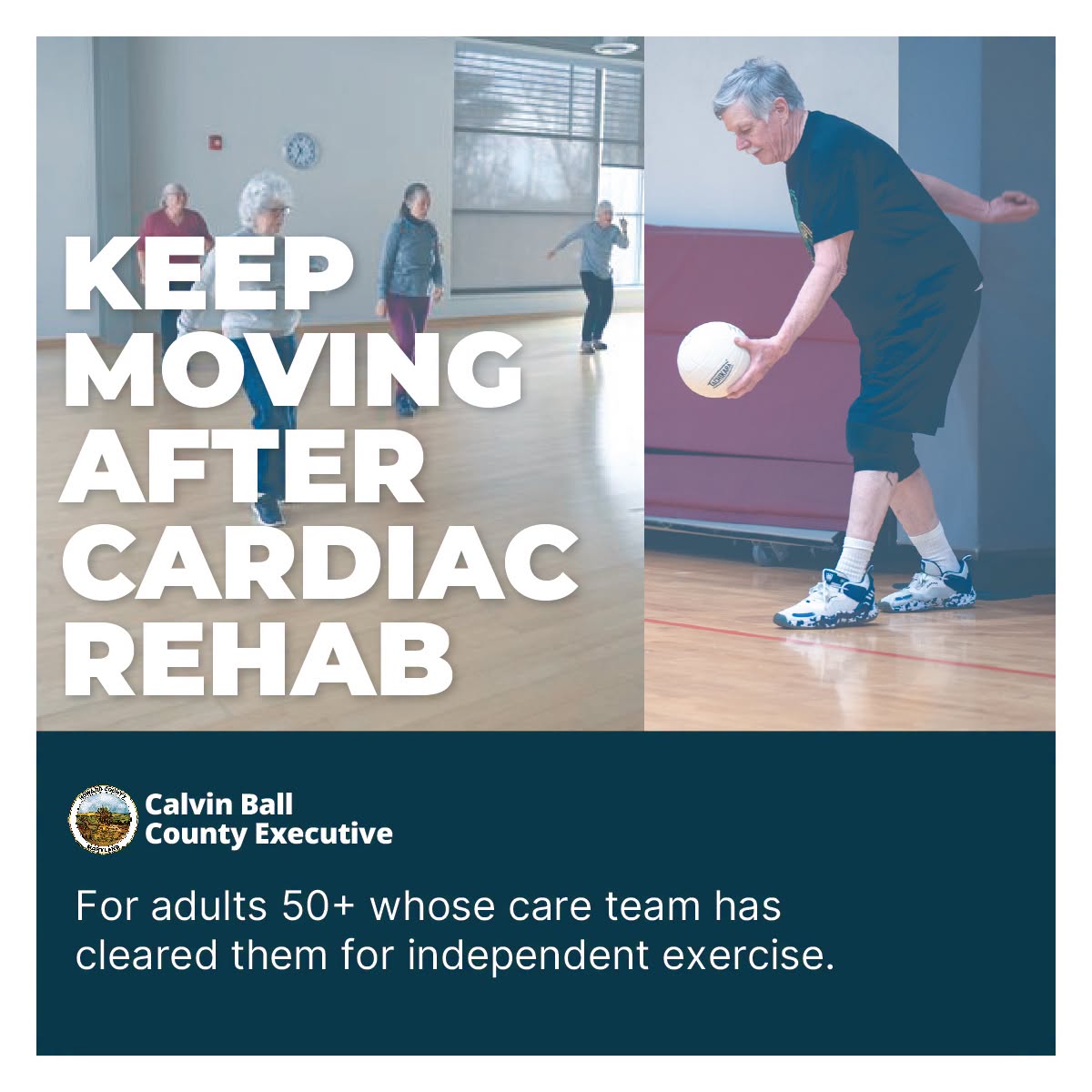A graphic of two photos with older adults dancing and playing volleyball. 
