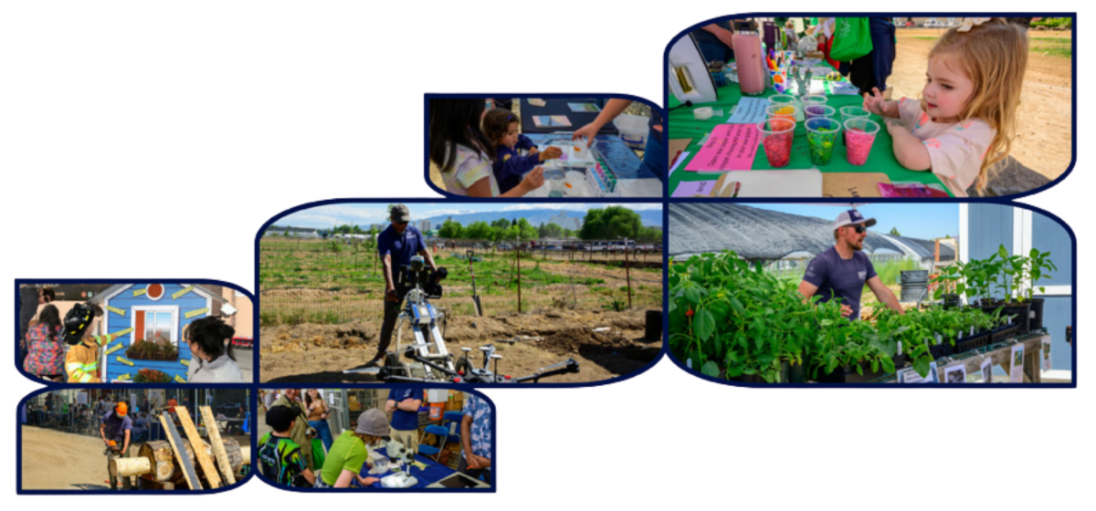 A photo collage featuring people doing science experiments, participating art activities, playing wildfire science games, looking through microscopes, piloting drones, using chainsaws, and shopping for plants.