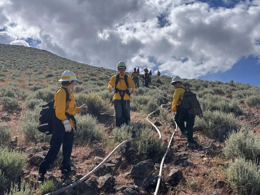 Firefighting students reeling a hose up a hill. 
