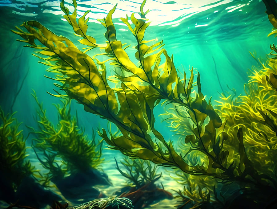 Growing seaweed plant floating in the direction of ray sunlight. 