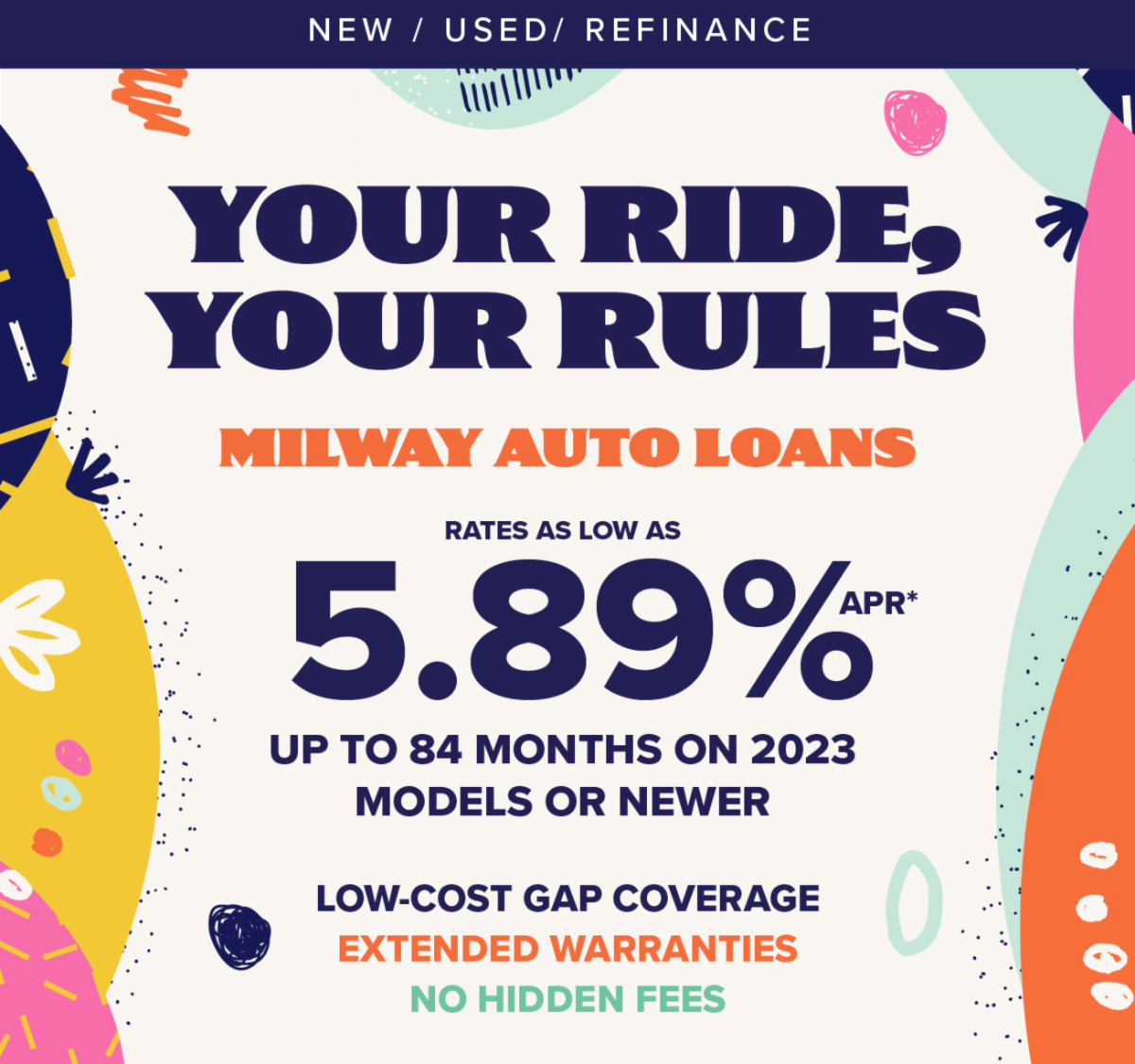 Image that says:our Ride, Your Rules - MilWay Auto & Rec Loans  Rates as low as 5.89% APR* Up to 84 months on 2023 models or newer