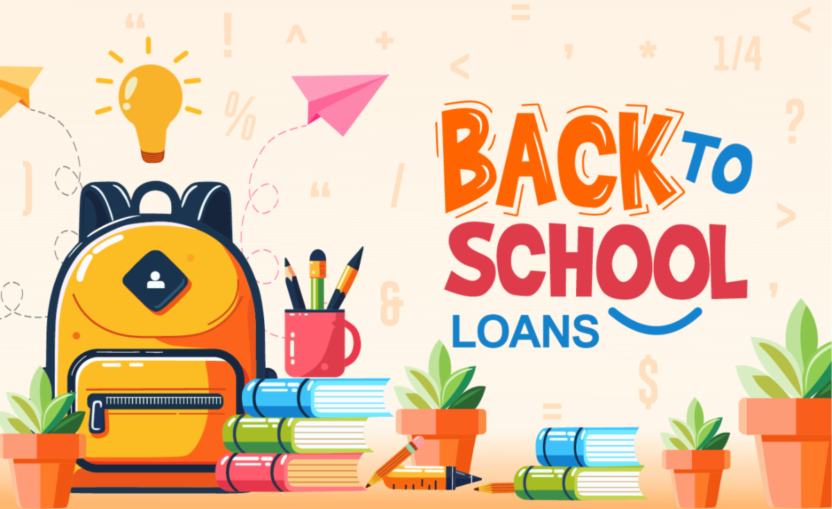 Image of colorful backpack and school supplies. Image says. Back to school loans.