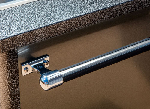 Towel bar handle for outdoor kitchen cabinets