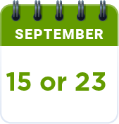 Green and white calendar icon with text that reads September 15 or 23. 