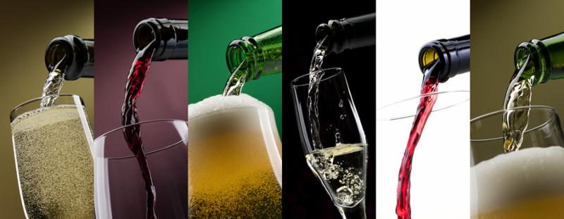 Pouring alcoholic drinks into glasses photo collage  beer red wine and white wine