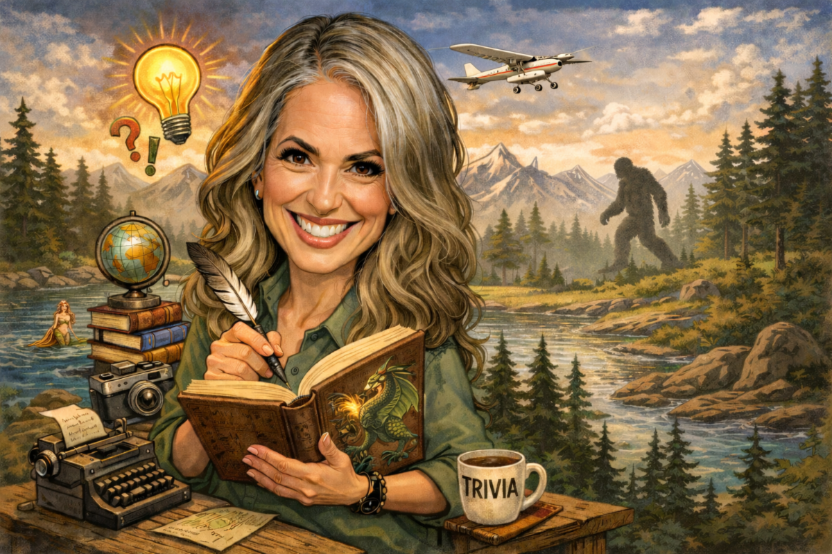 Whimsical illustration of a woman writing outdoors, with mountains, a river, a hidden mermaid, dragon, and a Bigfoot silhouette.