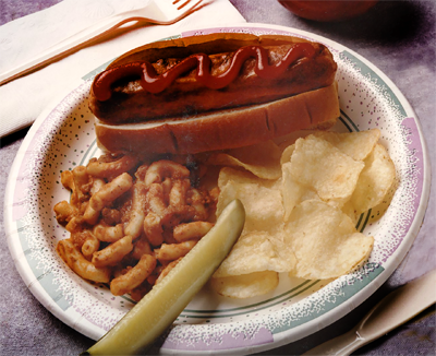 paper plate with hot dog and baked beans and pickle and potato chips