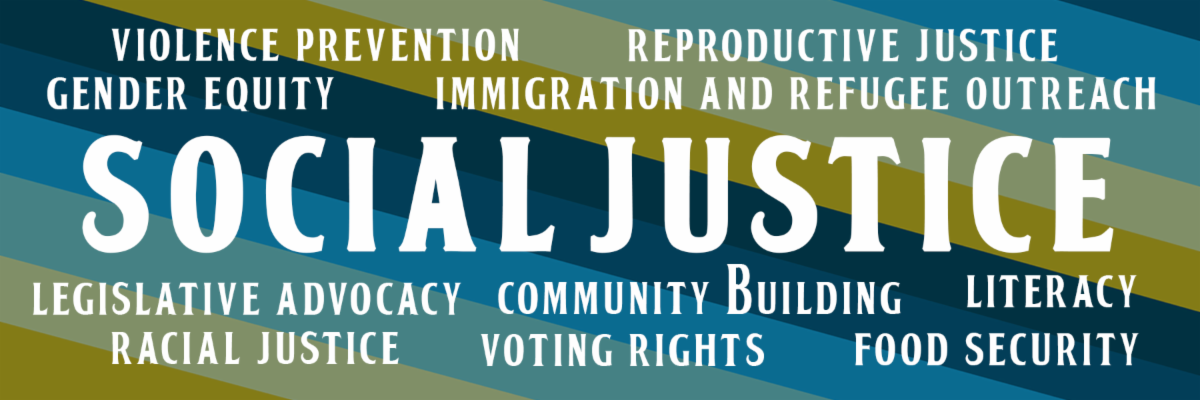 Social Justice
racial justice
gender equity 
literacy
violence prevention
voting rights
food security
reproductive justice
immigration and refugee outreach
legislative advocacy 
community building