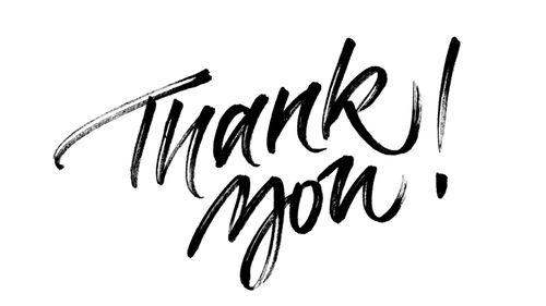 Thank you card. Handwritten ink calligraphy isolated on white background.