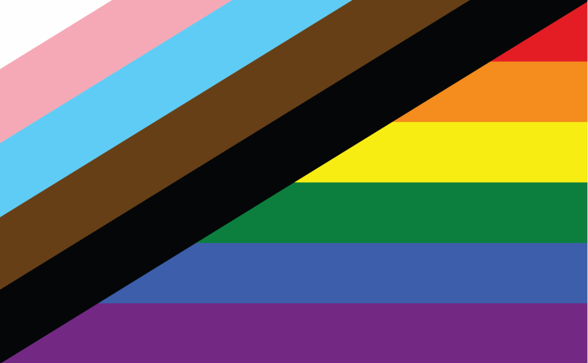 image of portions of the trans flag_ Philadelphia Pride flag_ and gay flag pieced together to make one flag. 