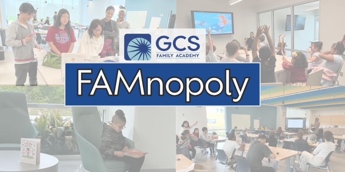image of families at a workshop with the Family Academy's FAMnopoly logo. 