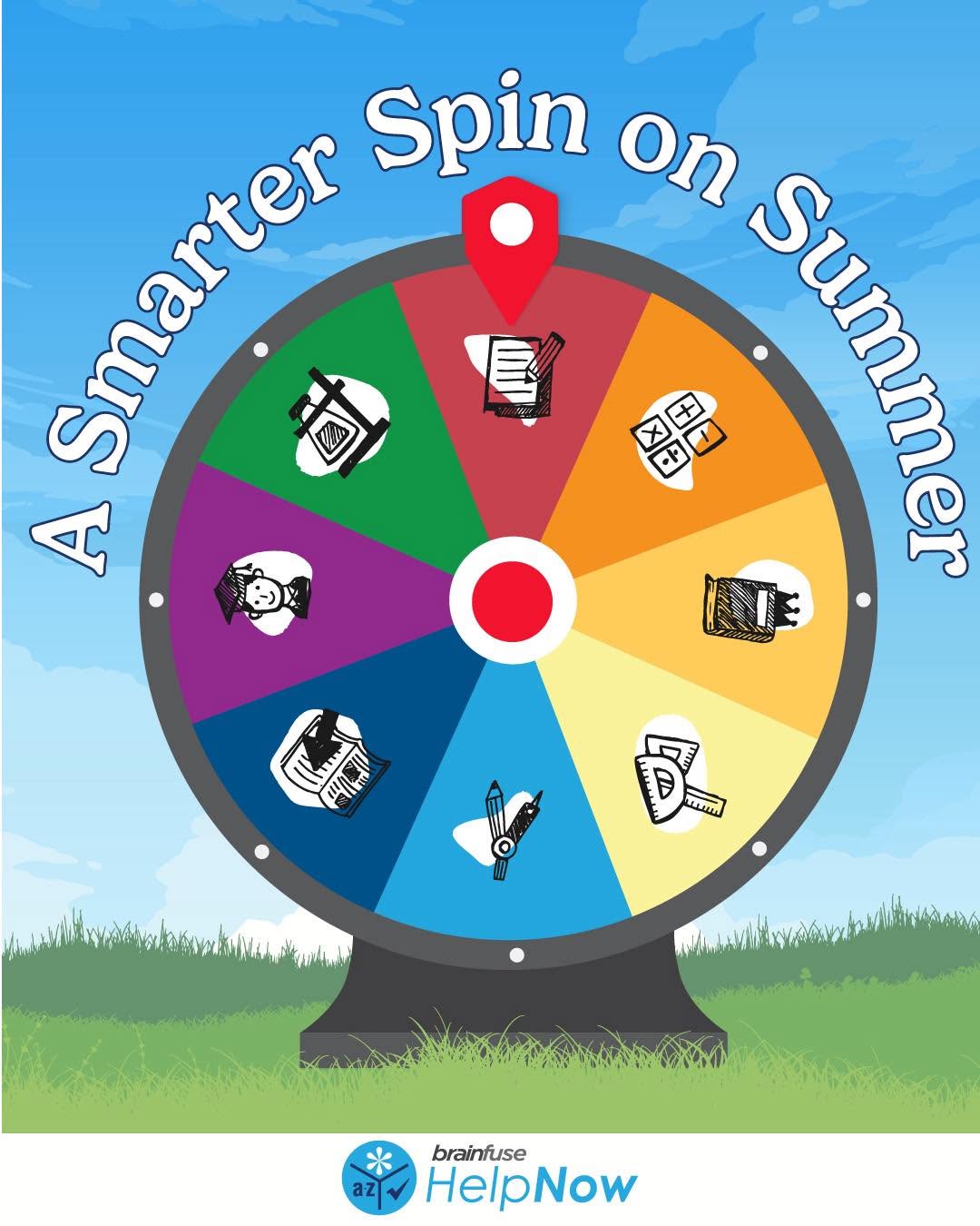 A colorful education‑themed spinning wheel with icons and the text “A Smarter Spin on Summer.”