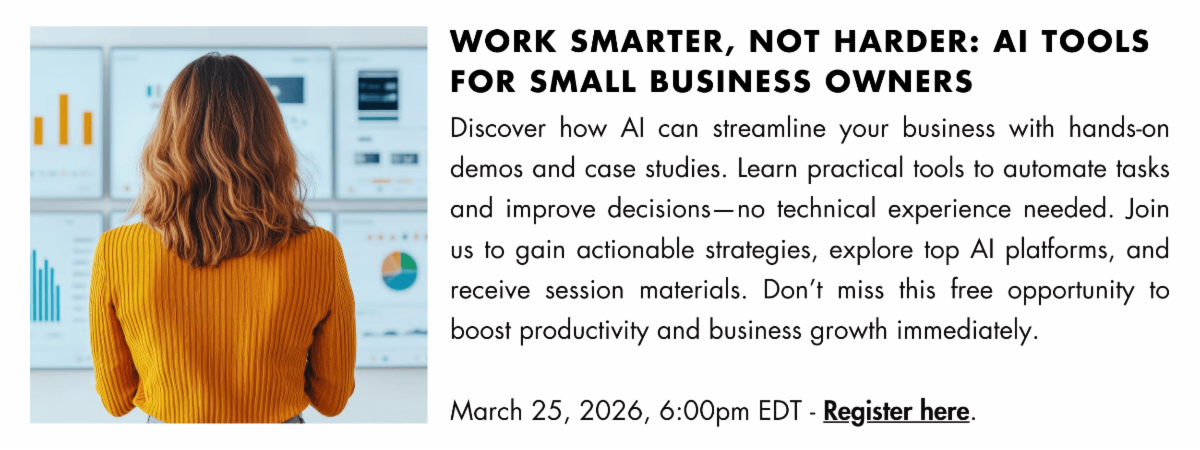 Image of a woman viewed from behind analyzing data charts on multiple screens, accompanying a webinar titled “Work Smarter, Not Harder: AI Tools for Small Business Owners.”