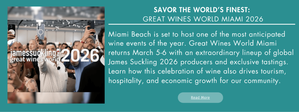 Photo of a lively wine tasting event with guests raising glasses, featured in a newsletter promoting “Savor the World’s Finest: Great Wines World Miami 2026,” highlighting the upcoming international wine event in Miami Beach.