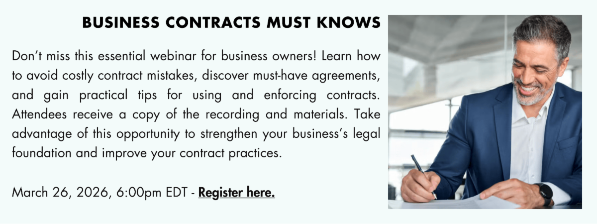 Photo of a businessman signing documents at a desk, featured alongside a webinar announcement about essential contract knowledge for small business owners.