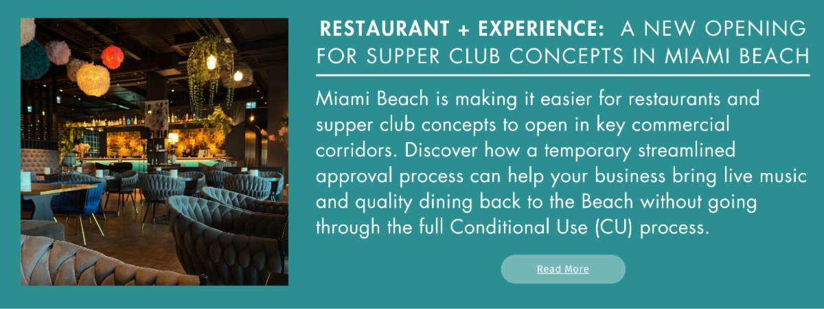 Teal newsletter banner with the headline “Restaurant + Experience: A New Opening for Supper Club Concepts in Miami Beach”  