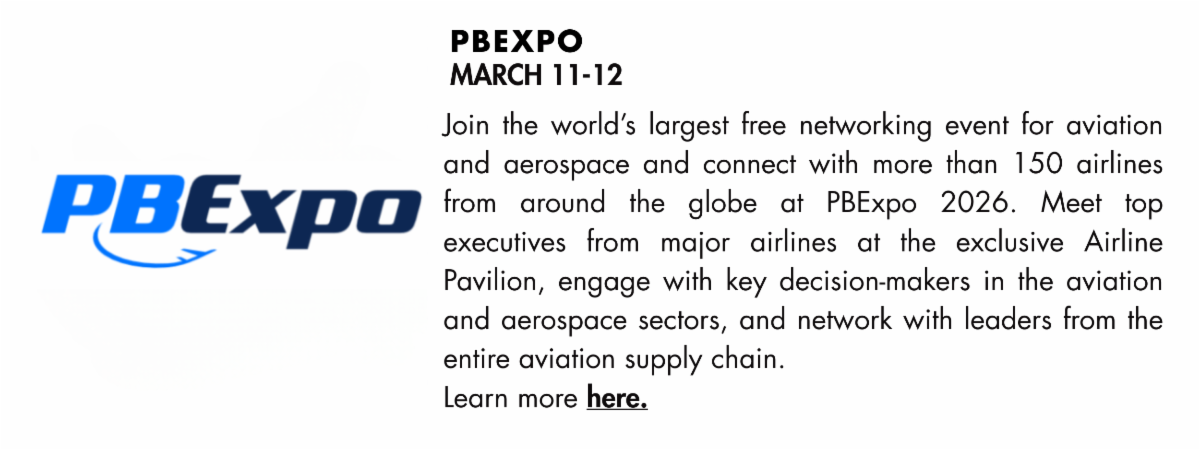 PBExpo logo displayed alongside text promoting the March 11–12 aviation and aerospace networking event connecting airlines, executives, and industry decision-makers.