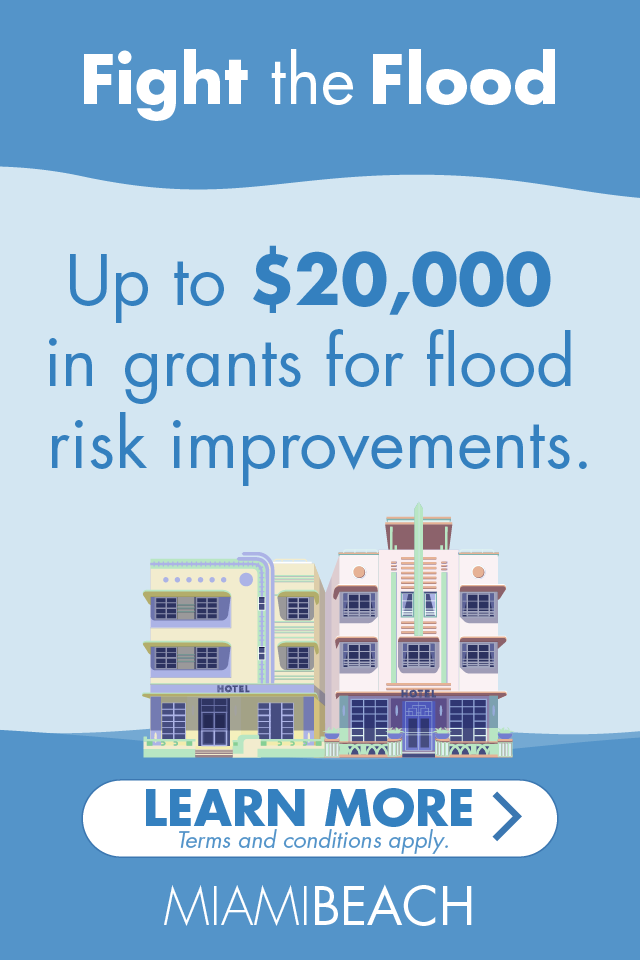 Graphic titled “Fight the Flood” promoting up to $20,000 in grants for flood risk improvements, featuring illustrated Miami Beach-style buildings and a “Learn More” button noting terms and conditions apply.