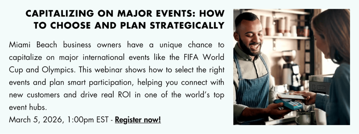 Photo of two people interacting at a café counter, accompanying a webinar announcement about helping Miami Beach businesses strategically plan participation in major international events.
