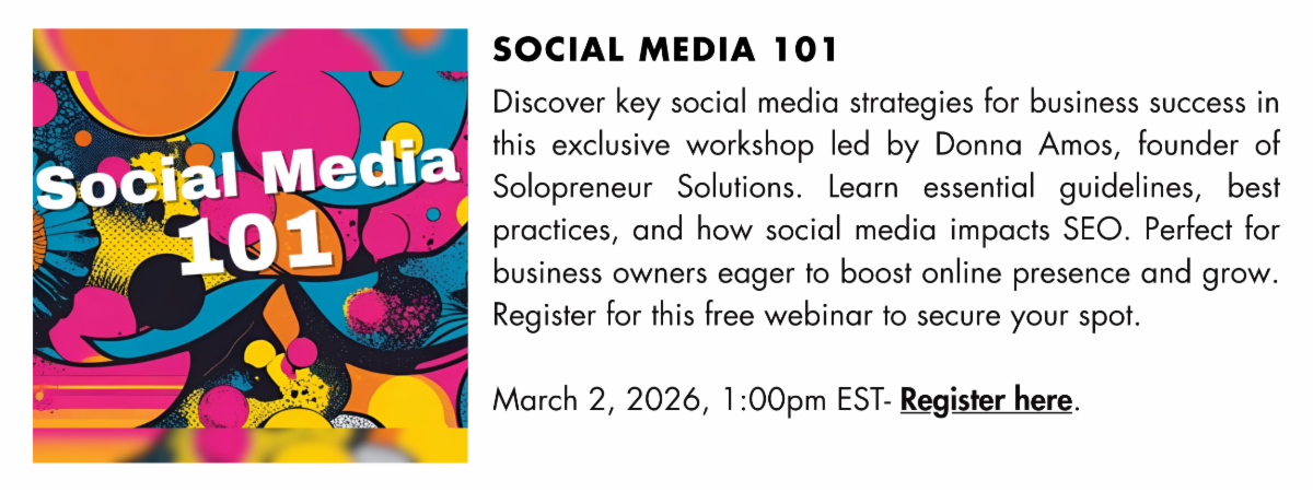 Colorful graphic titled “Social Media 101” promoting a business workshop on social media strategies, SEO impact, and online growth, with event details and registration information.