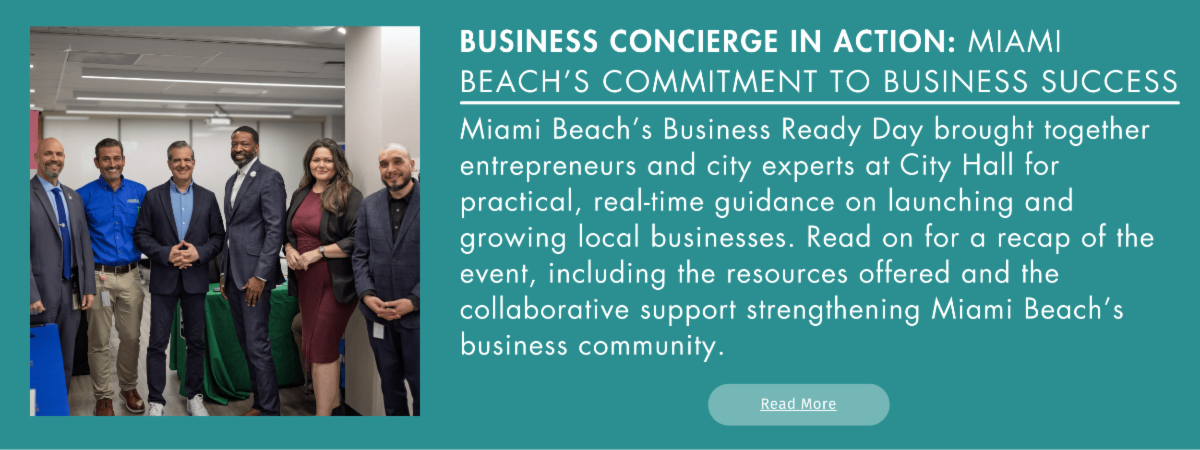 Group photo of city officials and business representatives standing together at Miami Beach City Hall during Business Ready Day, featured in a newsletter article about the City’s Business-Ready Day event supporting entrepreneurs.