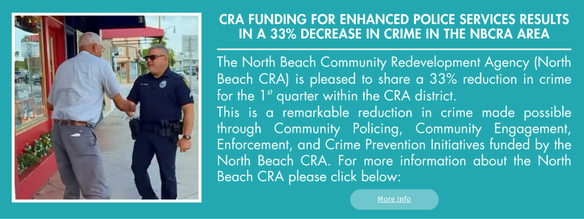 Photo of a police officer shaking hands with a man outside a storefront, accompanying a newsletter article about North Beach CRA funding contributing to a 33% decrease in crime in the district.