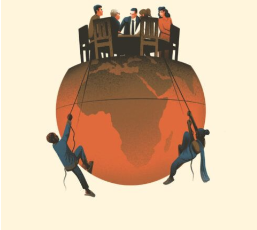 Graphic of two people climbing an orange globe. There's a roundtable of people at the top of the globe.