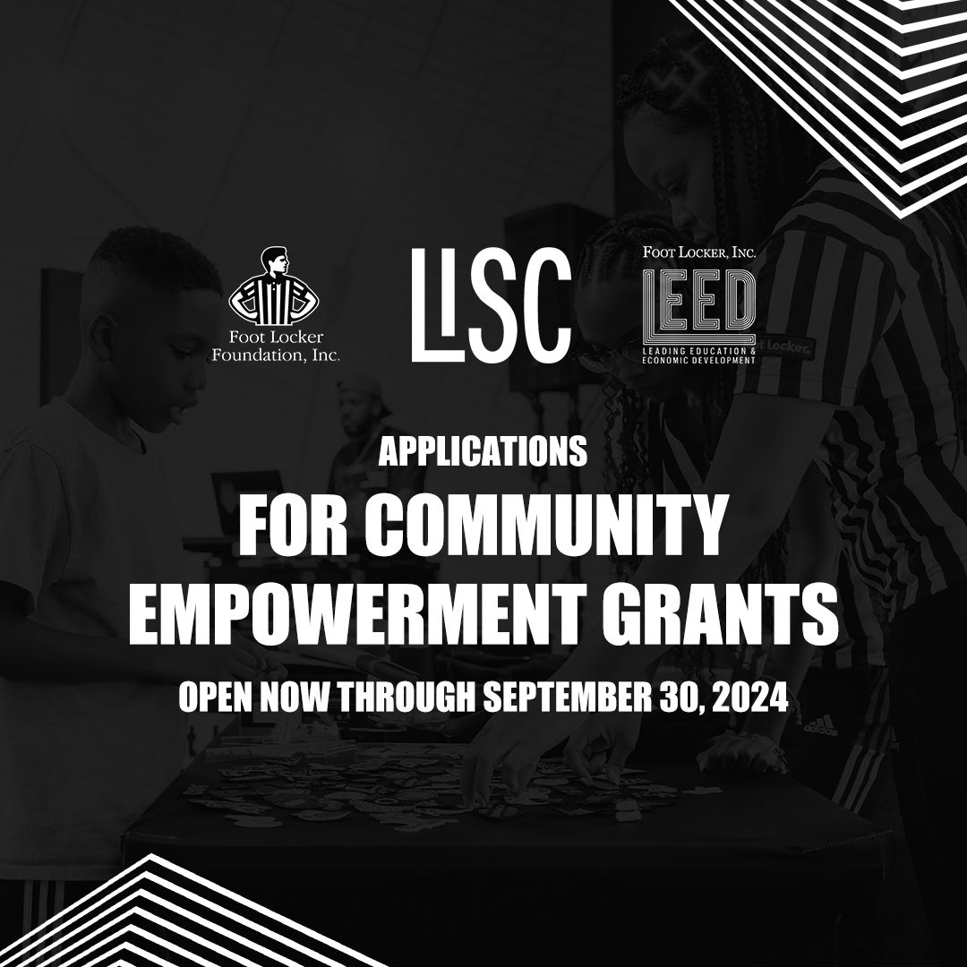 Flyer for LISC grant opportunity with a black background and white lines.