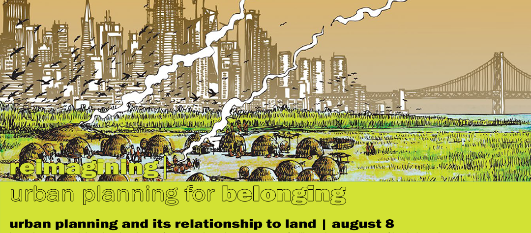 Graphic showing a brown city scape with greenery at the bottom