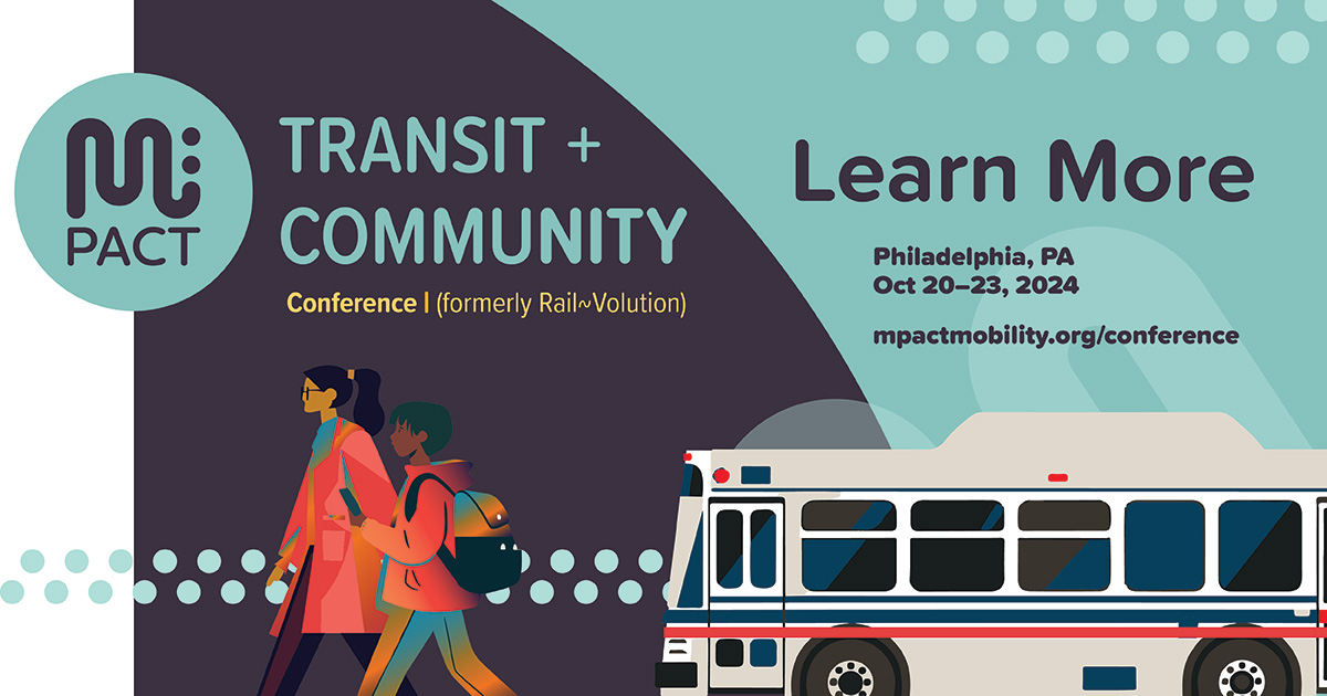 graphic featuring a transit bus and people walking