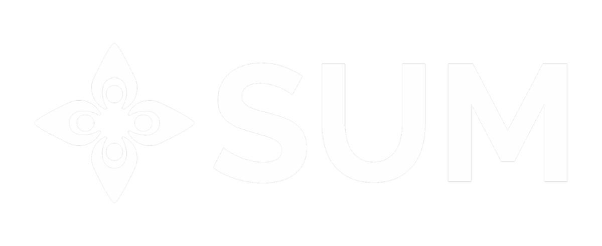 SUM's logo, which includes the word and an image of a four-petal flower, of four-point compass, that is actually four people putting their hands together.