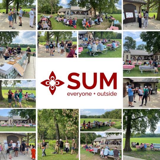 A collage of images from SUM's first summer fundraiser, with SUM's logo in the center.