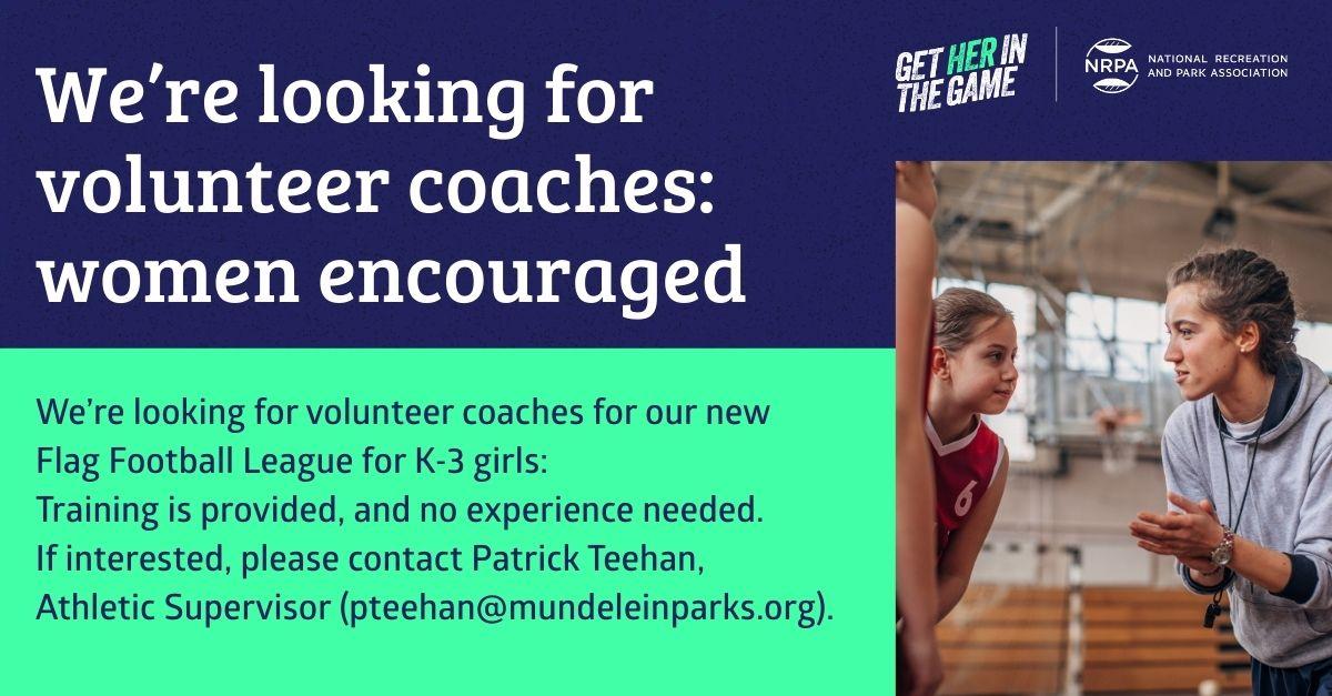 Looking for a few good coaches, women encouraged graphic showing woman coaching young girls in a gymnasium