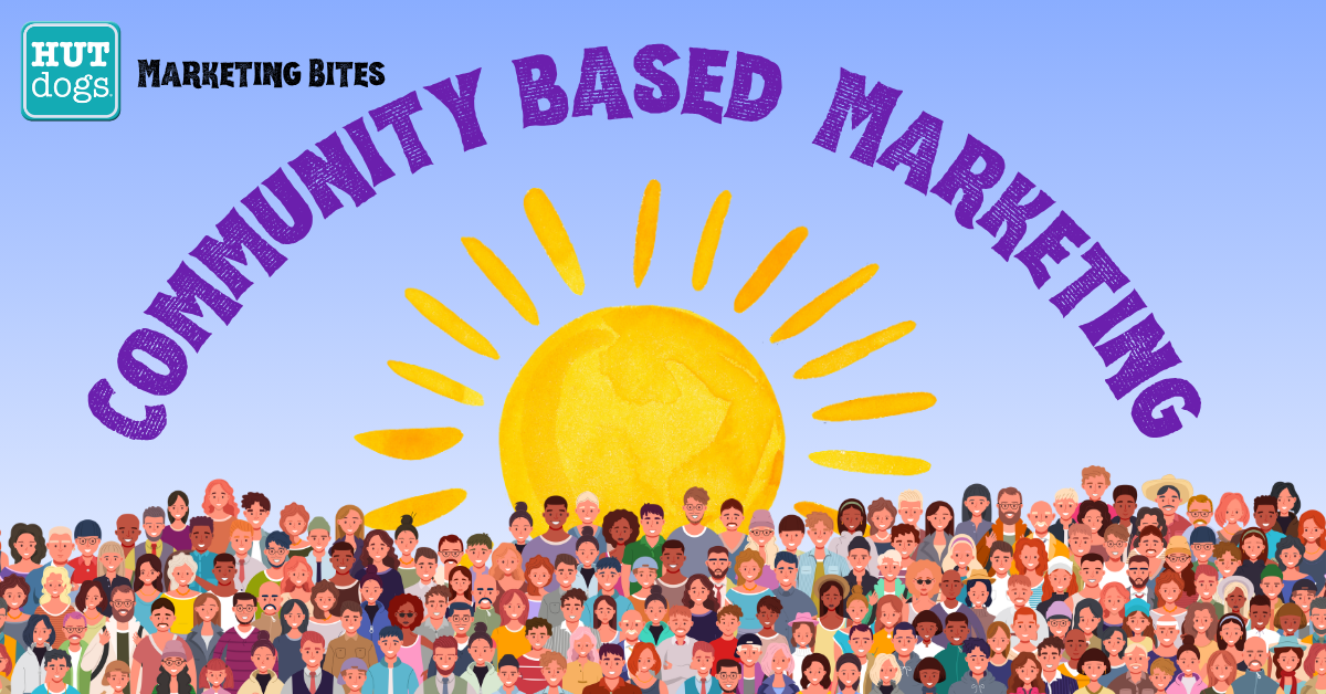 a cartoon of a sun with a large group of people in front of it with the words community based marketing above them in a half circle