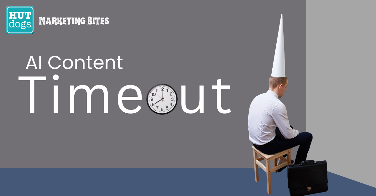 a man in a cone hat staring at a gray wall with the words AI Content Timeout superimposed on the image 