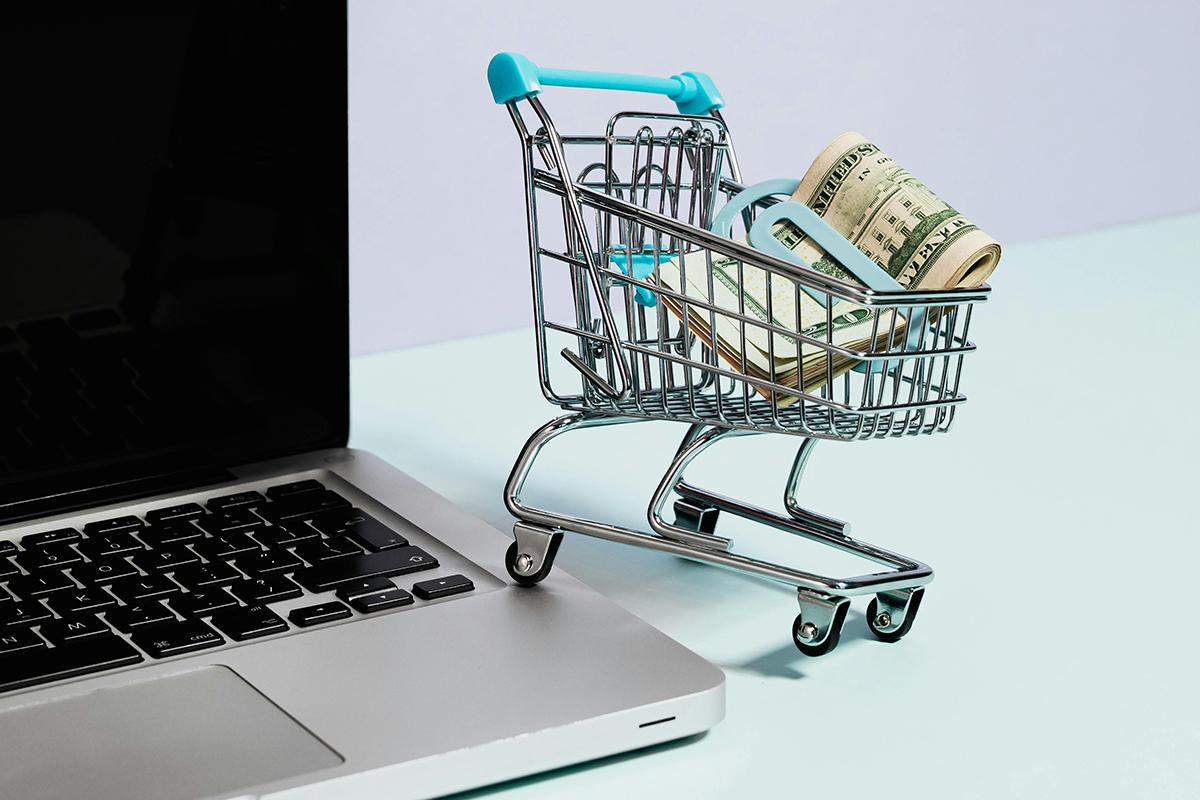 Mini shopping cart with cash by laptop