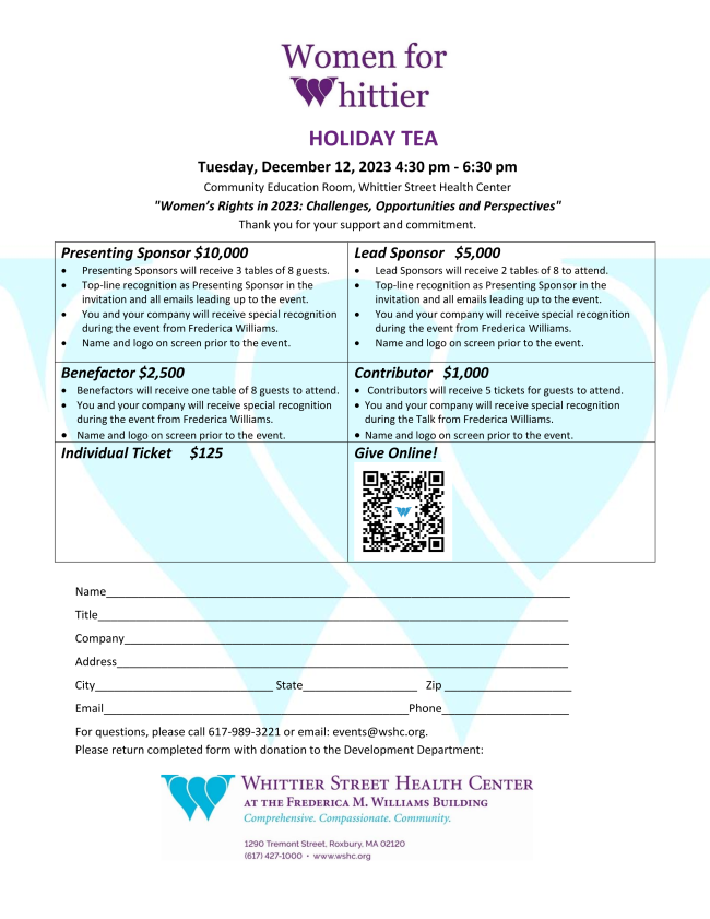 Whittier Street Health Center to Host December 12th Women for Whittier