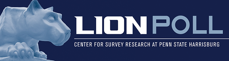Nittany Lion Shield displayed. Text reads Lion Poll Center for Survey Research at Penn State Harrisburg