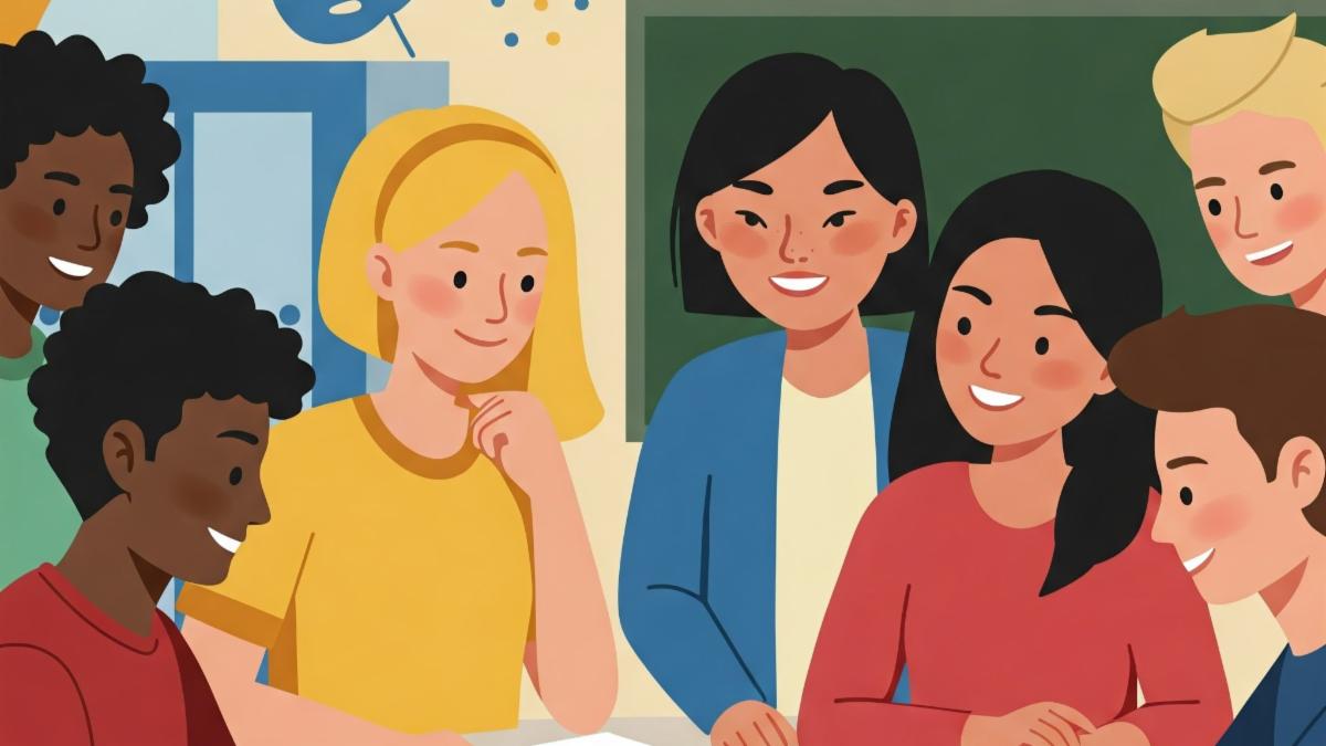 An AI-generated image of a group of students collaborating in a cartoon style