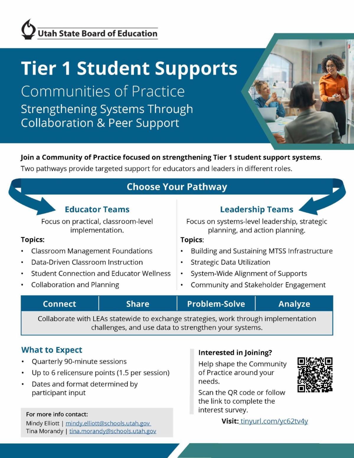 A flyer detailing USBE's upcoming Tier 1 Student Supports Communities of Practice
