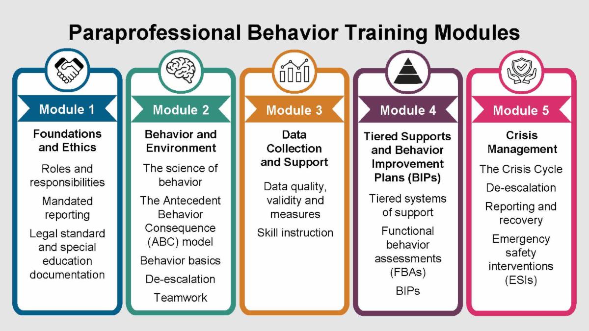 Visual of the Paraprofessional Behavior Training modules with descriptors.