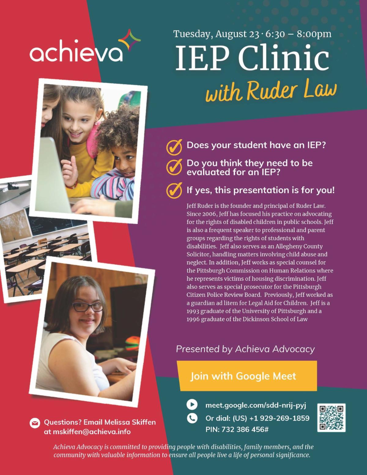 IEP Clinic with Ruder Law flyer 