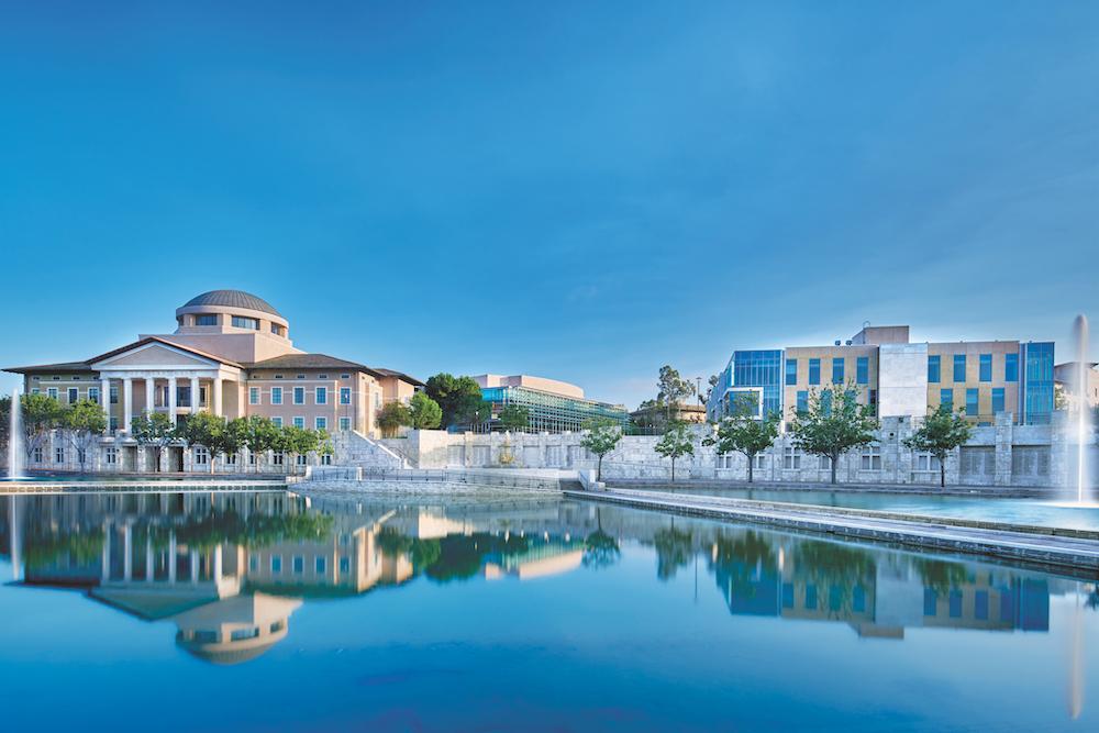 Looking over Peace Lake to Founders and Curie halls