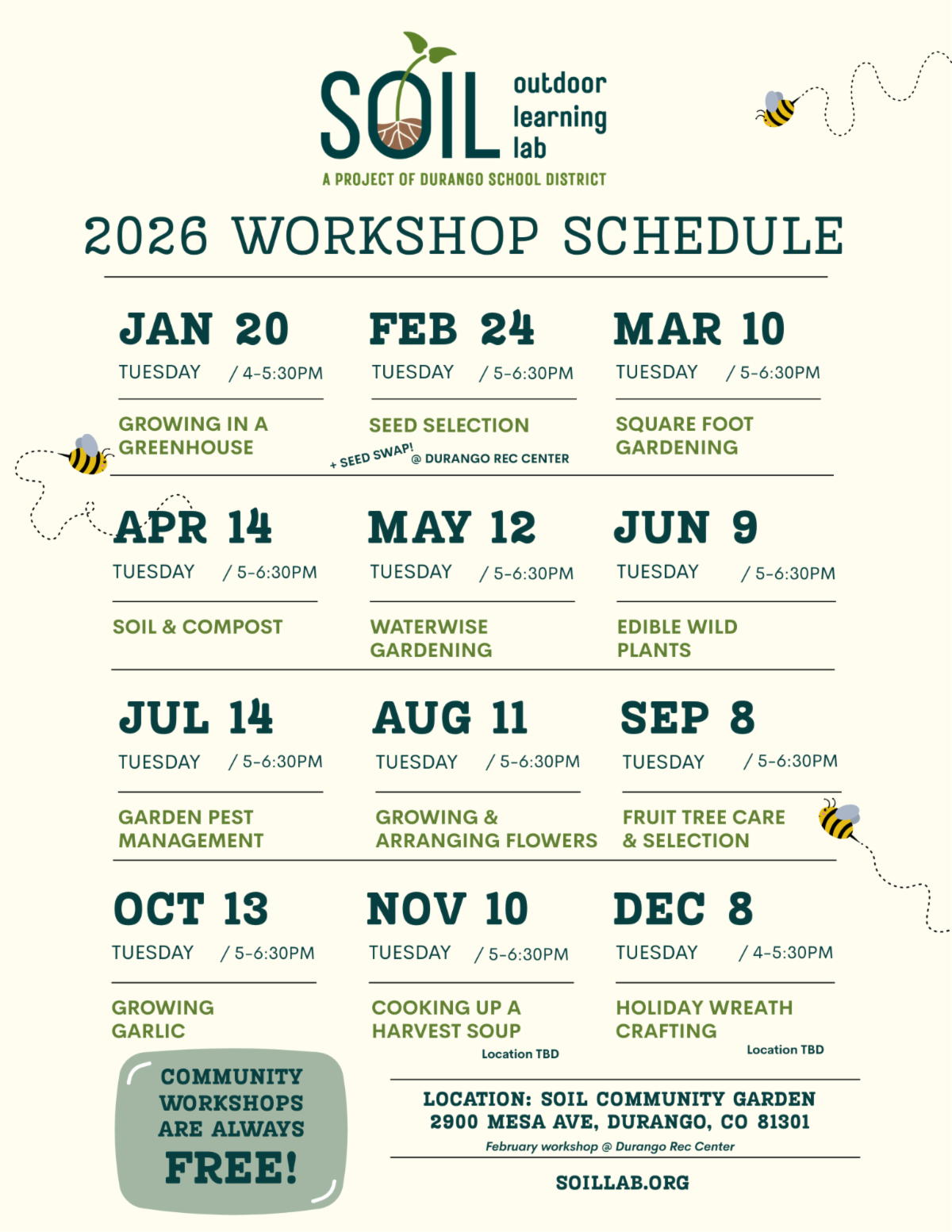 2026 workshop schedule calendar