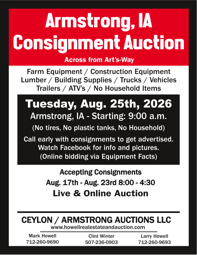 Armstrong IA Machinery Consignment Auction August 25th, 2026 9 am start.  Link below to access full catalog.
