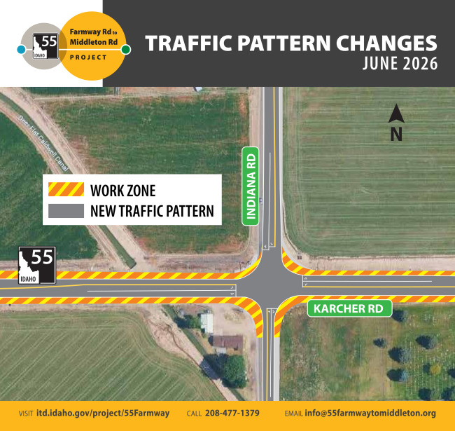 New traffic pattern at SH-55/Indiana Ave intersection begins June 24. There will be one lane open in each direction and a dedicated left lane at the intersection. 